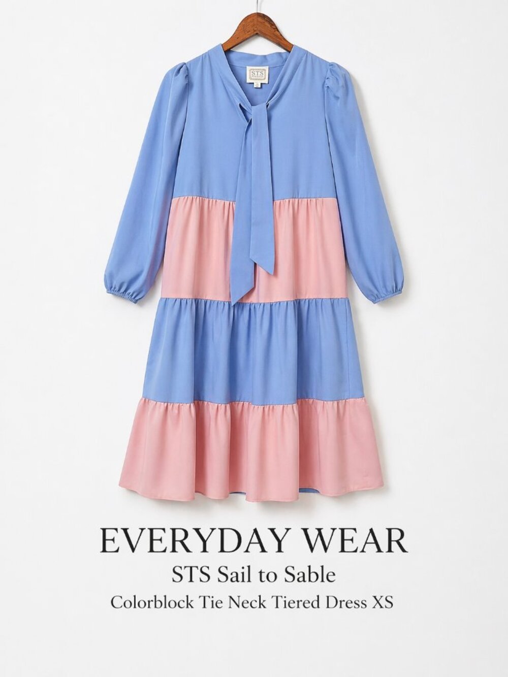 STS Sail to Sable Colorblock Tie Neck Tiered Dress Blue Pink XS